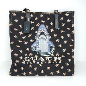 NWT Coach Sharky Tote Black Floral Canvas Bag